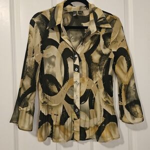 SERE NADE NEW YORK Womens Abstract Pleated Button-Up Blouse Semi Sheer SZ L